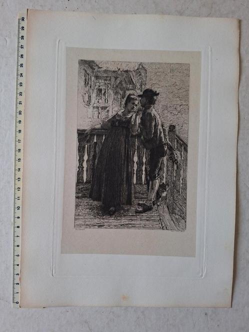 Originele ets Theodore Gérard "Dans l'embarras" 1875, Antiek en Kunst, Kunst | Etsen en Gravures, Ophalen of Verzenden