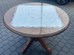 Uitklapbare eettafel met glazen plaat, Huis en Inrichting, Tafels | Eettafels, Ophalen, Rond, Zo goed als nieuw, Vijf personen of meer