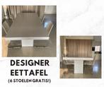 Design eettafel + gratis 6 witte lederen stoelen, Comme neuf, Rectangulaire, 50 à 100 cm, Enlèvement