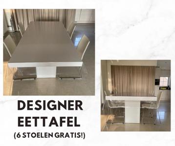 Design eettafel + gratis 6 witte lederen stoelen
