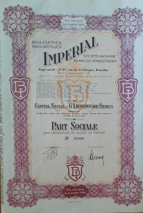 Brouwerijen Imperial - part sociale - 1950 - Bruxelles, Postzegels en Munten, Aandelen en Waardepapieren, Aandeel, 1950 tot 1970