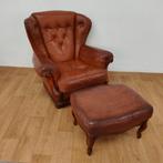 Prachtige Vintage cognac kleurige lederen fauteuil en hocker, Ophalen of Verzenden, Gebruikt, Hout