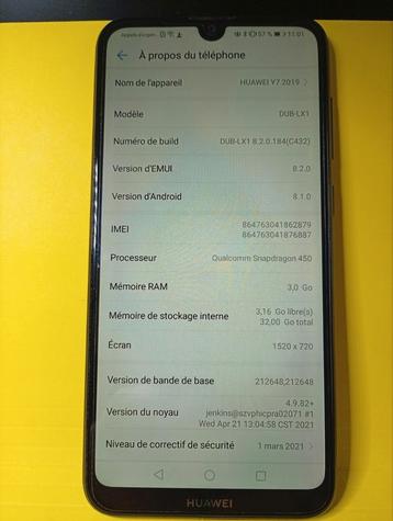 Smartphone Huawei Y7 2019 avec coque de protection, 10 mégapixels ou plus, Enlèvement ou Envoi, Utilisé, Android OS