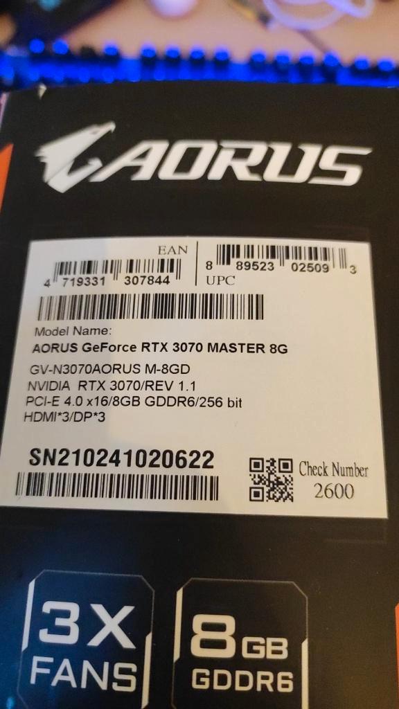 Aorus Geforce RTX 3070 Master 8G, Informatique & Logiciels, Cartes vidéo, Comme neuf, Nvidia, GDDR6, HDMI, DisplayPort, Enlèvement
