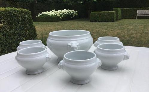Set Keramische Grote kom en Vijf kommen met leeuwenkop, Antiek en Kunst, Antiek | Keramiek en Aardewerk, Ophalen