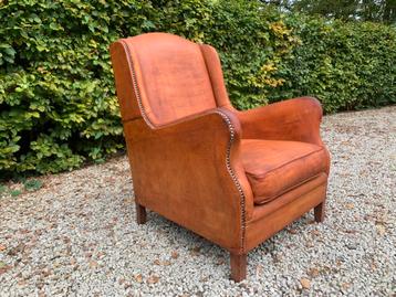 Cognac Schapenleder “Wingback” chair Fauteuil in goede staat, Enlèvement