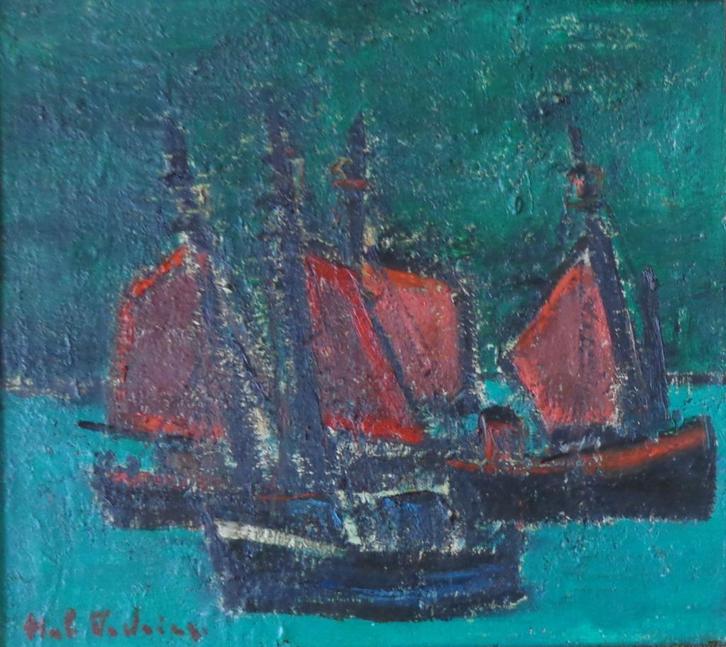 HUBERT DE VRIES / ZEILBOTEN / OLIEVERF DOEK / 65x70cm KADER, Antiek en Kunst, Kunst | Schilderijen | Modern, Ophalen of Verzenden