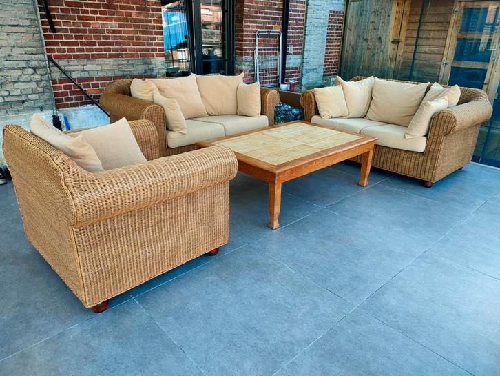 Mooie rotan set zetels met tafel. In perfecte staat., Jardin & Terrasse, Ensembles de jardin, Comme neuf, Rotin, Enlèvement