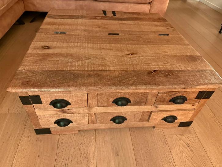 Salontafel mango hout 90x90 cm met opbergruimte –industrieel, Huis en Inrichting, Tafels | Salontafels, Ophalen