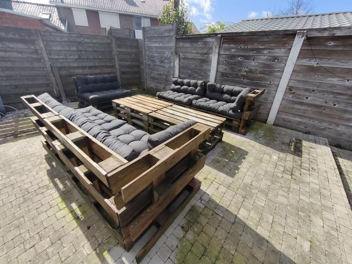 Grand ensemble de salon en palette avec coussins, Jardin & Terrasse, Ensembles de jardin, Utilisé, Sets de jardin, Bois, Plus de 8 places