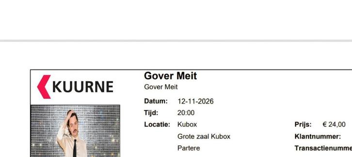 2 tickets Gover Meit 12/11/26 Kuurne, Tickets en Kaartjes, Theater | Cabaret en Komedie