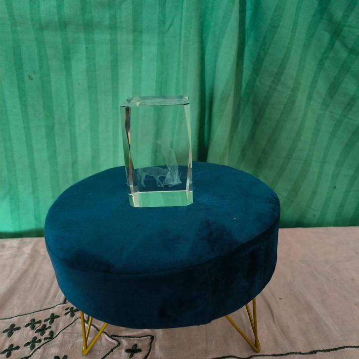 Afbeelding in glas + mini poefje (blauw fluweel), Verzamelen, Overige Verzamelen, Zo goed als nieuw, Ophalen of Verzenden