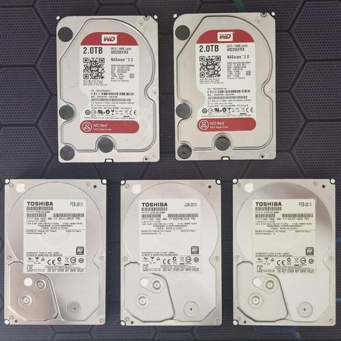 Set van 5 HDD - 2TB (3x Toshiba + 2 WD Red), Computers en Software, Harde schijven, Gebruikt, Server, Intern, HDD, SATA, Ophalen of Verzenden