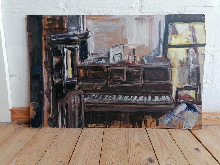 Schilderij piano in interieur/atelier, Antiek en Kunst, Kunst | Schilderijen | Modern, Ophalen
