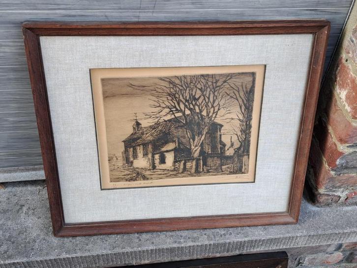 eau forte heigne vieille chapelle signe fernand thon, Antiek en Kunst, Kunst | Etsen en Gravures, Ophalen of Verzenden