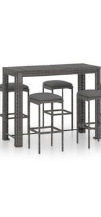 grijs rattan bartafel met 4 krukjes en bijpassende zitkussen, Tuin en Terras, Ophalen, Zo goed als nieuw