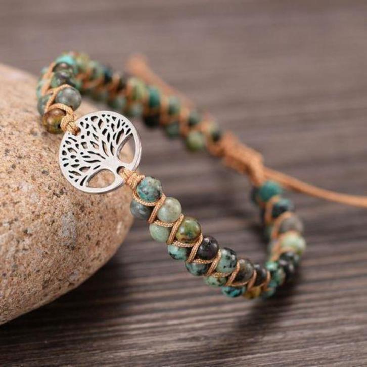 Gevlochten armband met Jade en Levensboom zilverkleurig, Handtassen en Accessoires, Armbanden, Nieuw, Zilver, Met bedels of kralen