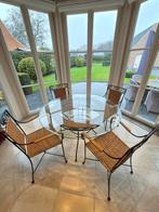 Rotan Tafel met Glazen rond Blad Smeetwerk Plus 4 stoelen, Huis en Inrichting, Ophalen