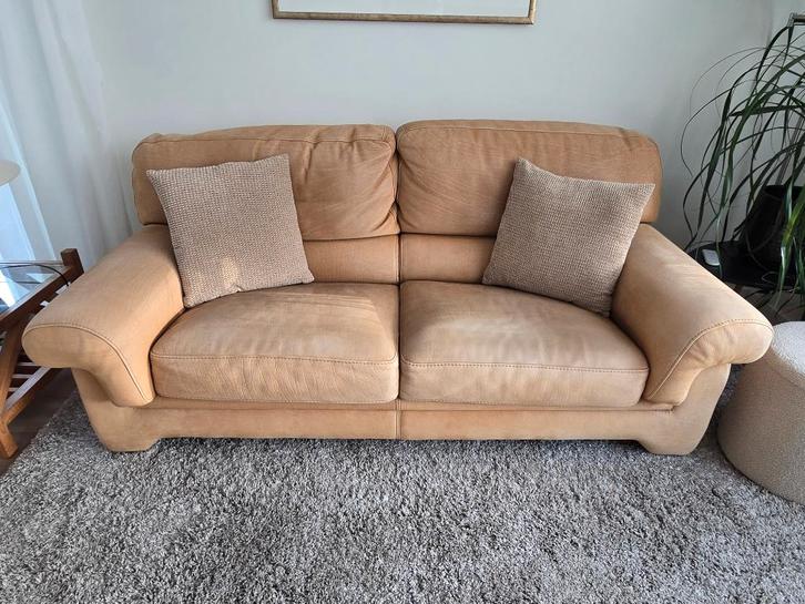 Moderne Sofa in Hoogwaardig Aniline Leer Cognac (2 stuks), Huis en Inrichting, Zetels | Zetels, Gebruikt, Rechte bank, Tweepersoons
