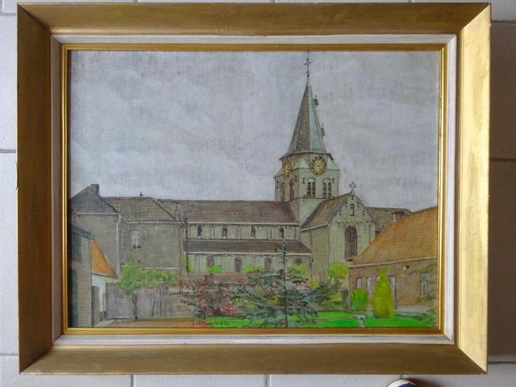 José Van de Vijver, doek, 60 x 80, Kerkzicht '77, Antiek en Kunst, Kunst | Schilderijen | Klassiek, Ophalen