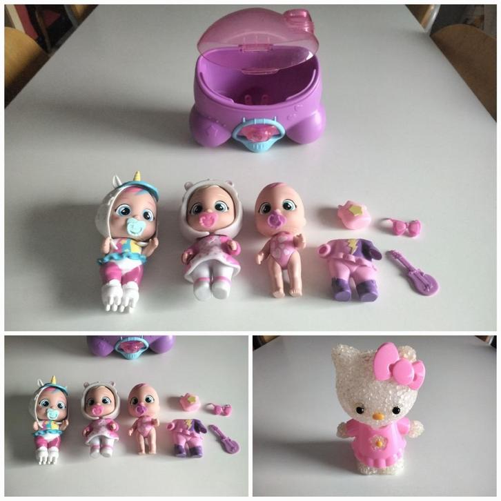 Set van 3 kleine Cry Babies-poppen+accessoires+Hello Kitty, Kinderen en Baby's, Speelgoed | Poppen, Gebruikt, Ophalen of Verzenden