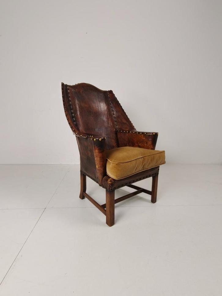 Antieke Lederen Fauteuil, Engeland Circa 1800, Antiek en Kunst, Antiek | Meubels | Stoelen en Sofa's, Ophalen of Verzenden