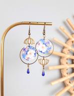 Boucles d'oreilles asymétriques avec papier japonais, Comme neuf, Bleu, Autres matériaux, Pendantes