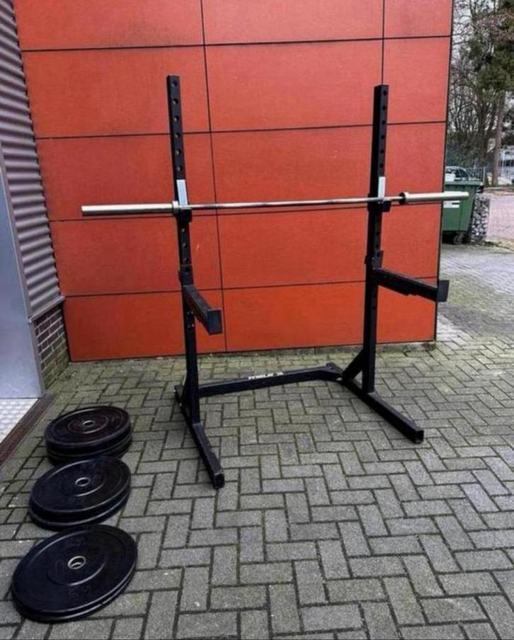 Squatrek / Bankdruk met Barbell 220cm , 70kg Bumperplates, Sport en Fitness, Fitnessmaterialen, Gebruikt, Ophalen