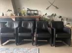 4 zwarte leren stoelen op wieltjes, Huis en Inrichting, Stoelen, Ophalen, Gebruikt, Zwart, Leer