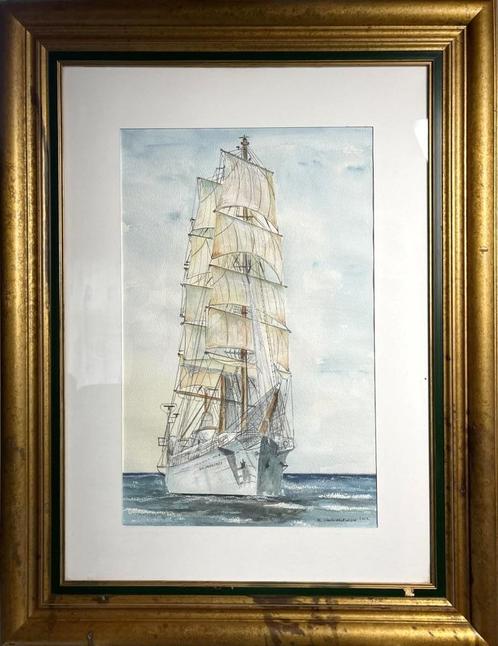 Zeldzame originele AQUAREL – 3-MASTER ZEILBOOT op zee, Antiek en Kunst, Kunst | Schilderijen | Modern, Ophalen of Verzenden