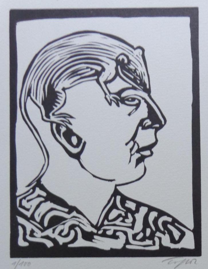 ROLAND TOPOR / KAFKA ONDERWERELD / ZW-W LINOSNEDE / 38x28cm, Antiek en Kunst, Kunst | Litho's en Zeefdrukken, Ophalen of Verzenden