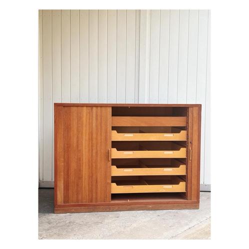 Massieve,  vintage, sideboard met tambour deuren, Huis en Inrichting, Kasten | Dressoirs, Teakhout, Ophalen