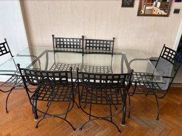 Table de salle a manger en fer forgé et verre, Maison & Meubles, Enlèvement, Utilisé, Fer forgé, 4 à 6 chaises