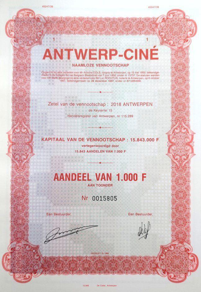 Antwerp Ciné 1987, Postzegels en Munten, Aandelen en Waardepapieren, Aandeel, 1970 tot heden, Ophalen of Verzenden