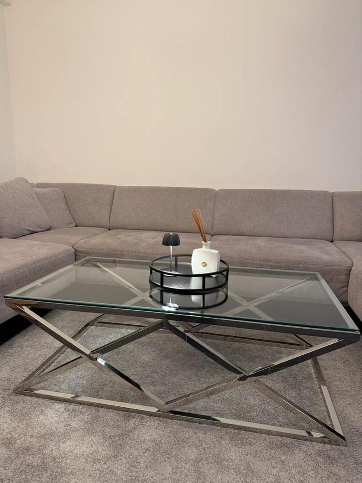 Moderne salontafel glas en chroom, Huis en Inrichting, Tafels | Salontafels, Gebruikt, Minder dan 50 cm, 50 tot 100 cm, 100 tot 150 cm