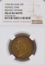 Belgium 20 Francs 1934 Essai Matt Bronze FDC, Postzegels en Munten, Munten | België, Verzenden, Brons, Losse munt