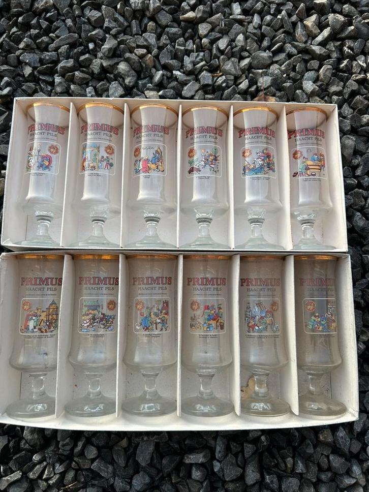 Set Primus glazen middeleeuwse scènes, Verzamelen, Biermerken, Zo goed als nieuw, Ophalen of Verzenden