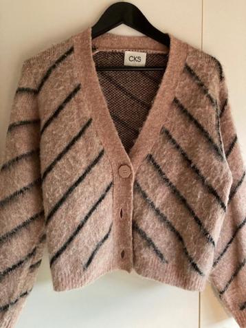 Roze cardigan van CKS met zwarte strepen (M) disponible aux enchères