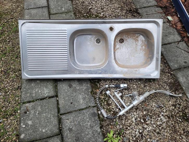 Roestvrijstalen dubbele spoelbak + kraan, Huis en Inrichting, Keuken | Keukenelementen, Gebruikt, Minder dan 100 cm, 100 tot 150 cm