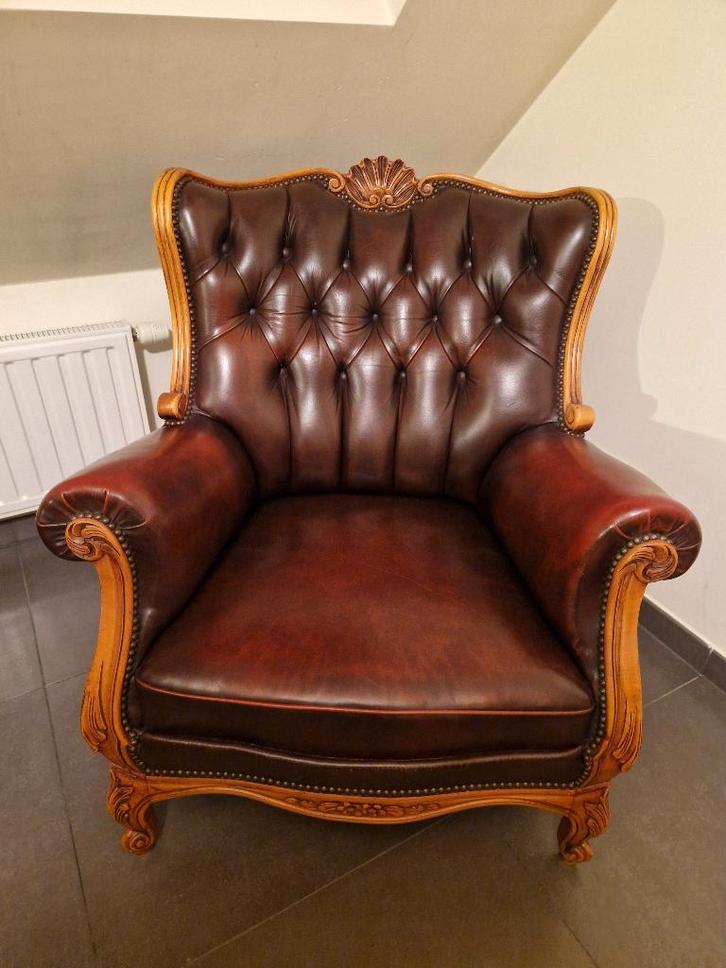 3+1 Vintage lederen fauteuils – karaktervol en comfortabel, Huis en Inrichting, Fauteuils, Gebruikt, Hout, Leer, 75 tot 100 cm