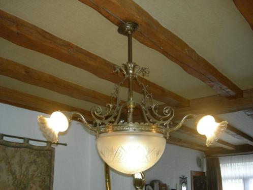 Lustre en bronze, Huis en Inrichting, Lampen | Kroonluchters, Gebruikt, Glas, Metaal, Ophalen