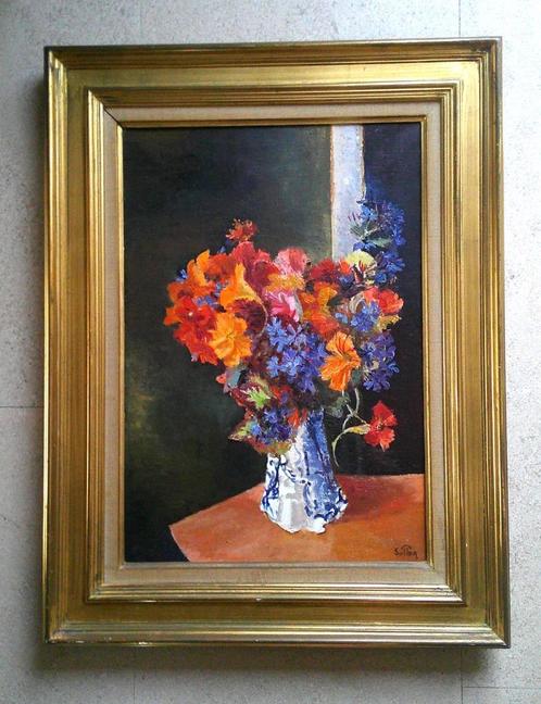 Bloemboeket in vaas 1980 - gesigneerd SUTTER ?, Antiek en Kunst, Kunst | Schilderijen | Klassiek, Ophalen of Verzenden