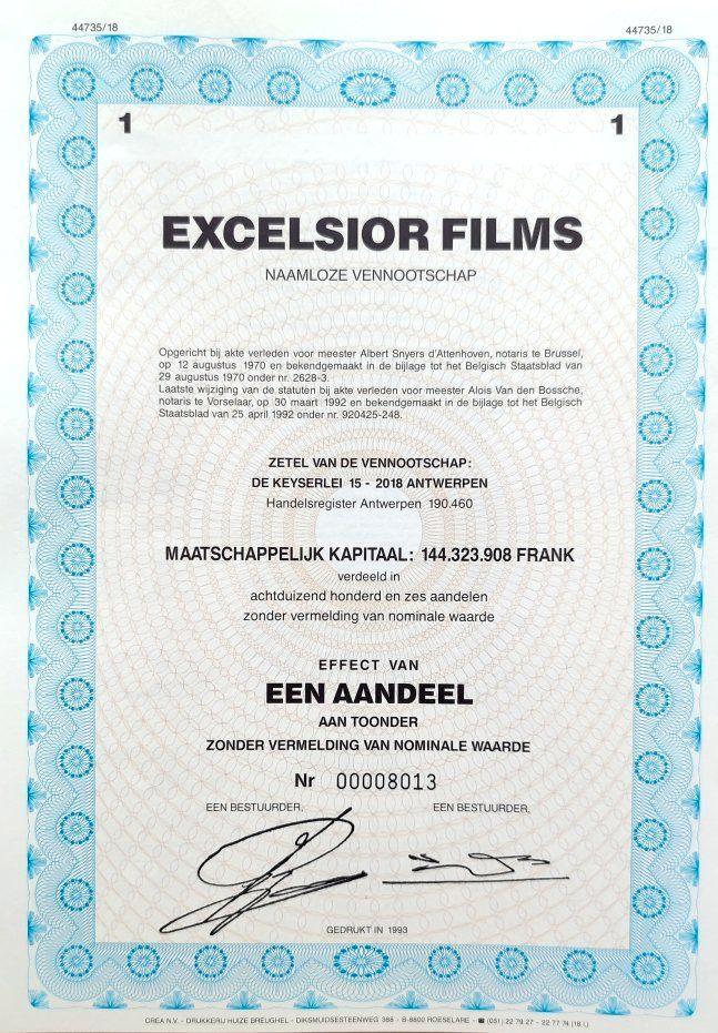 Excelsior Films (Antwerpen) 1992, Postzegels en Munten, Aandelen en Waardepapieren, Aandeel, 1970 tot heden, Ophalen of Verzenden
