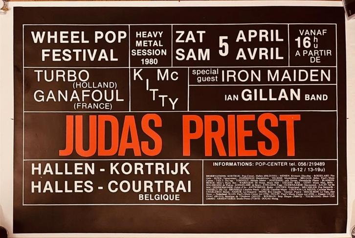 Poster Iron Maiden, Judas Priest, Wheel Pop, Kortrijk, 1980, Verzamelen, Overige Verzamelen, Gebruikt, Ophalen of Verzenden