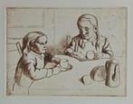 ets - twee meisjes aan tafel - anoniem, Antiek en Kunst, Ophalen of Verzenden