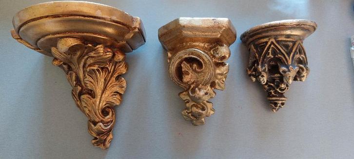 3 socles muraux dorés pour statues religieuses, Antiquités & Art, Curiosités & Brocante, Enlèvement ou Envoi
