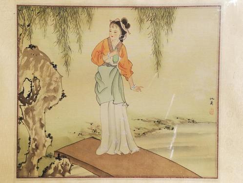 Mooie Chinese aquarel - hofdame in landschap - 20ste Eeuw, Antiek en Kunst, Kunst | Schilderijen | Klassiek, Ophalen of Verzenden