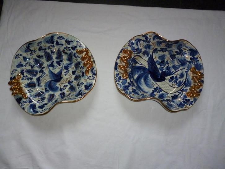 2X Schaal vaas bord H. BEQUET Quaregnon keramiek blauw goud, Antiek en Kunst, Antiek | Keramiek en Aardewerk, Ophalen of Verzenden