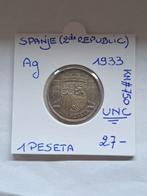 Spanje 1 peseta 1933 (republique) AG UNC ZELDZAAM, Ophalen of Verzenden