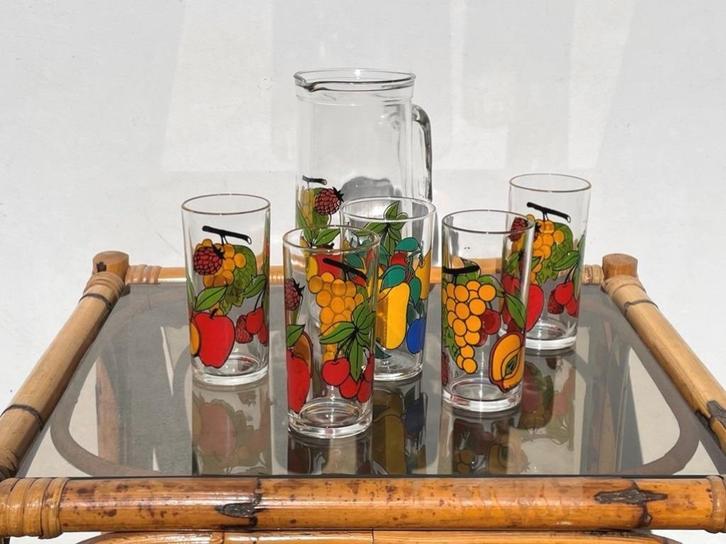 Borgonovo pitcher + 5 lange drinkglazen set ~ Vintage 70s, Huis en Inrichting, Keuken | Servies, Gebruikt, Compleet servies, Glas